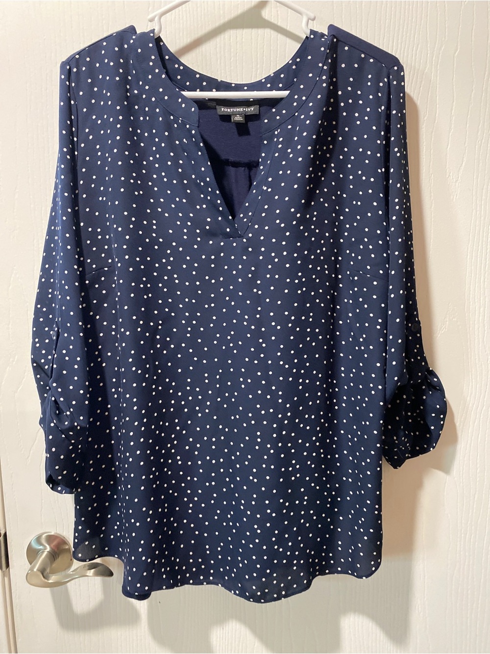 FORTUNE + IVY Women XL Navy Blue Polka Dot Split Neck Roll-Tab Sleeve Blouse Top